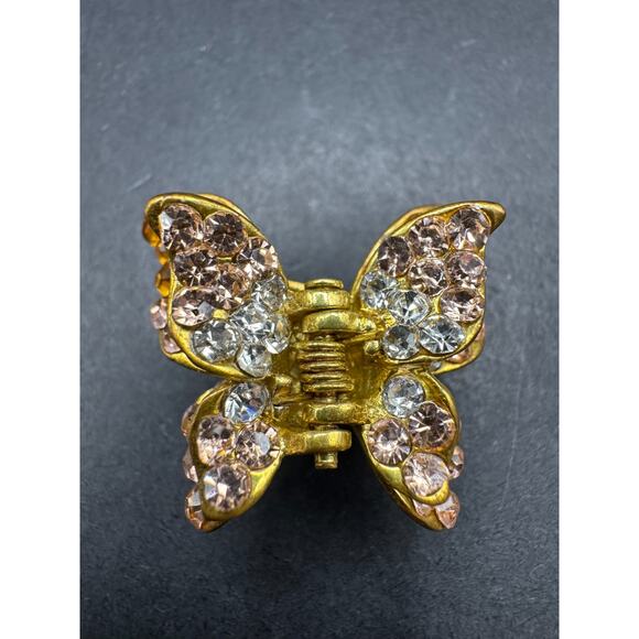 Vintage QS Signed Butterfly Hair Claws Metal Gold Tone Clear Rhinestones - Picture 1 of 10